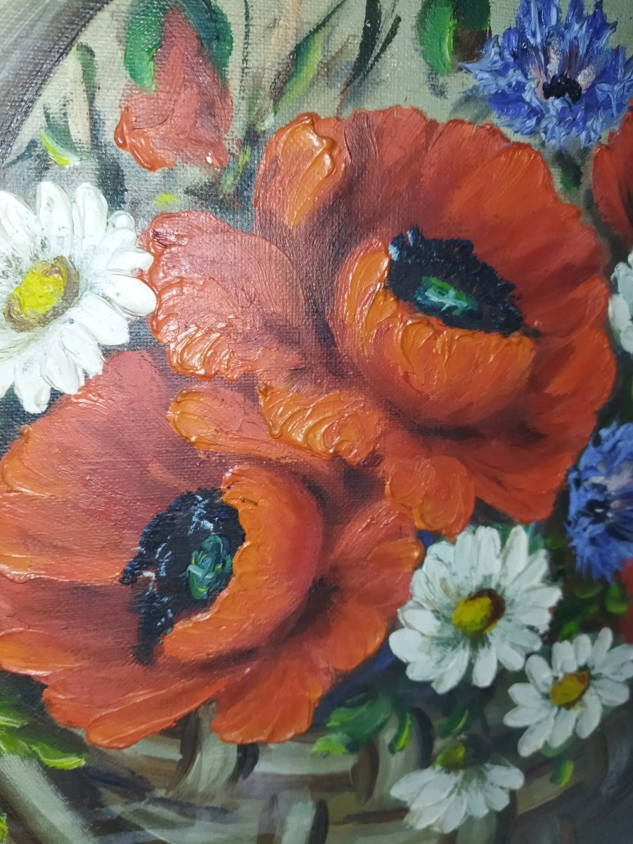 Oil On Canvas Still Life "poppies And Ears Of Wheat" Girardet-photo-6