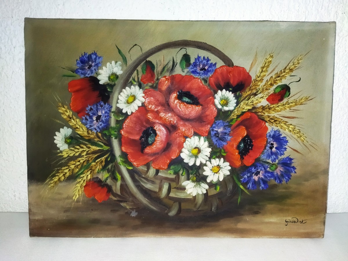 Oil On Canvas Still Life "poppies And Ears Of Wheat" Girardet