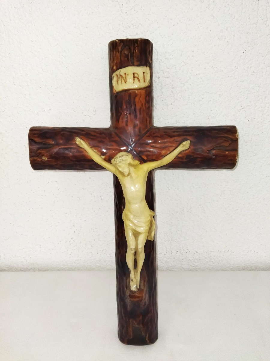 Inri Christ And His Cross In Glazed Earthenware. Religious Liturgical Object Collection
