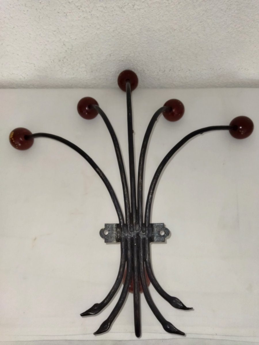 PORTE MANTEAU Mural Vintage en Métal  6 Boules Bois Design ITALIE 1940/50 -photo-1