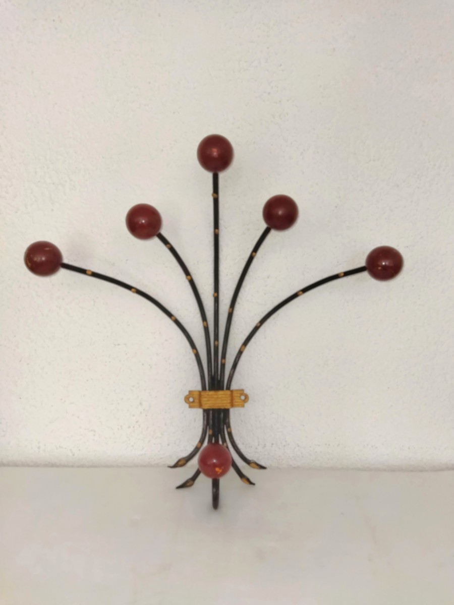 PORTE MANTEAU Mural Vintage en Métal  6 Boules Bois Design ITALIE 1940/50 