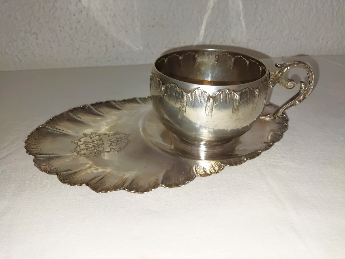 Lapar Monogrammed Oblong Chocolate Cup And Saucer In Solid Silver, Minerve XIX Hallmark-photo-2