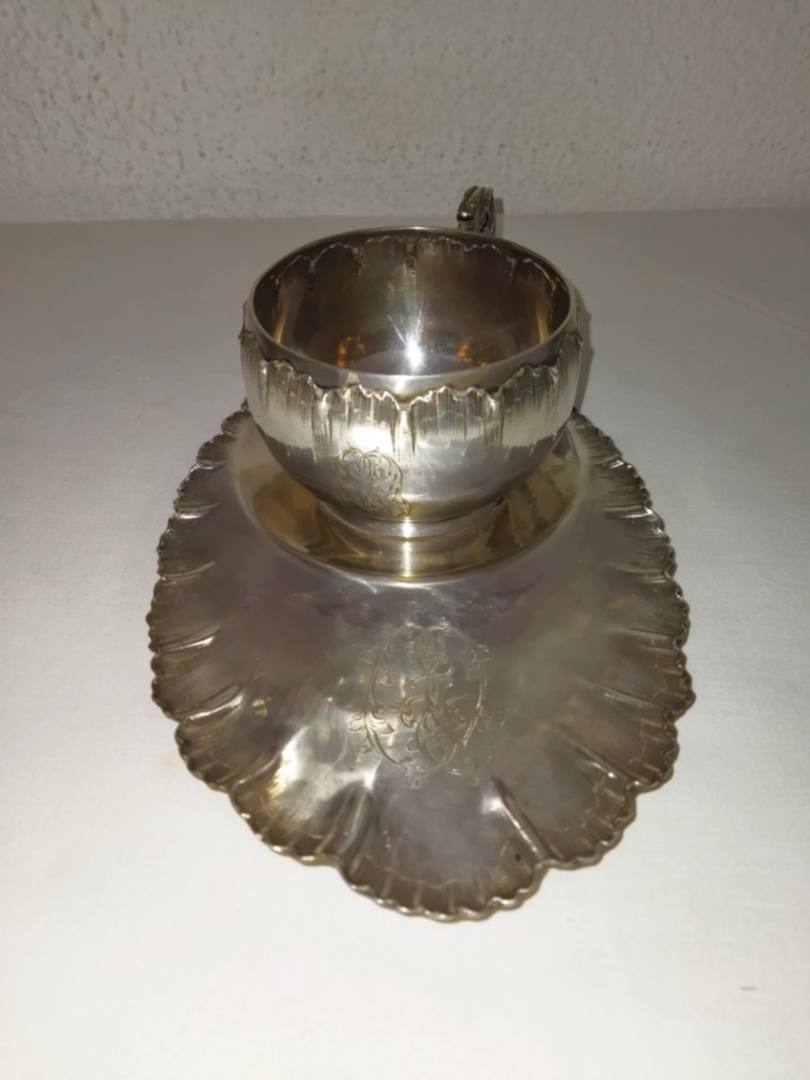 Lapar Monogrammed Oblong Chocolate Cup And Saucer In Solid Silver, Minerve XIX Hallmark-photo-3