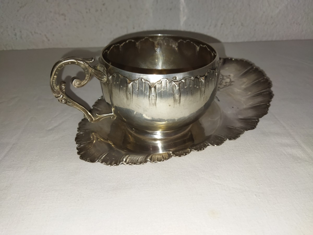 Lapar Monogrammed Oblong Chocolate Cup And Saucer In Solid Silver, Minerve XIX Hallmark