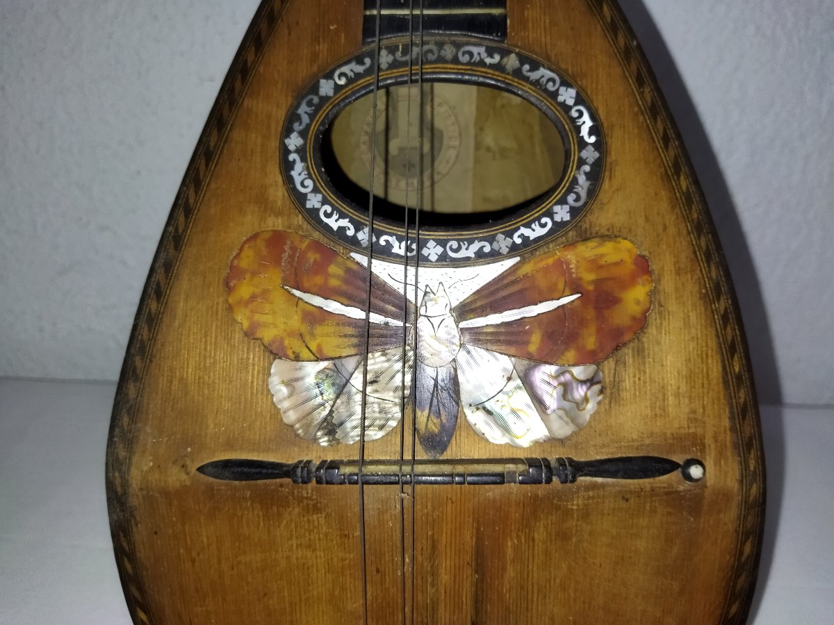CAVALLI ARISTIDE MANDOLINE ancienne Décor papillon Nacre et Bois ITALIE CRÉMONE XIX-photo-7