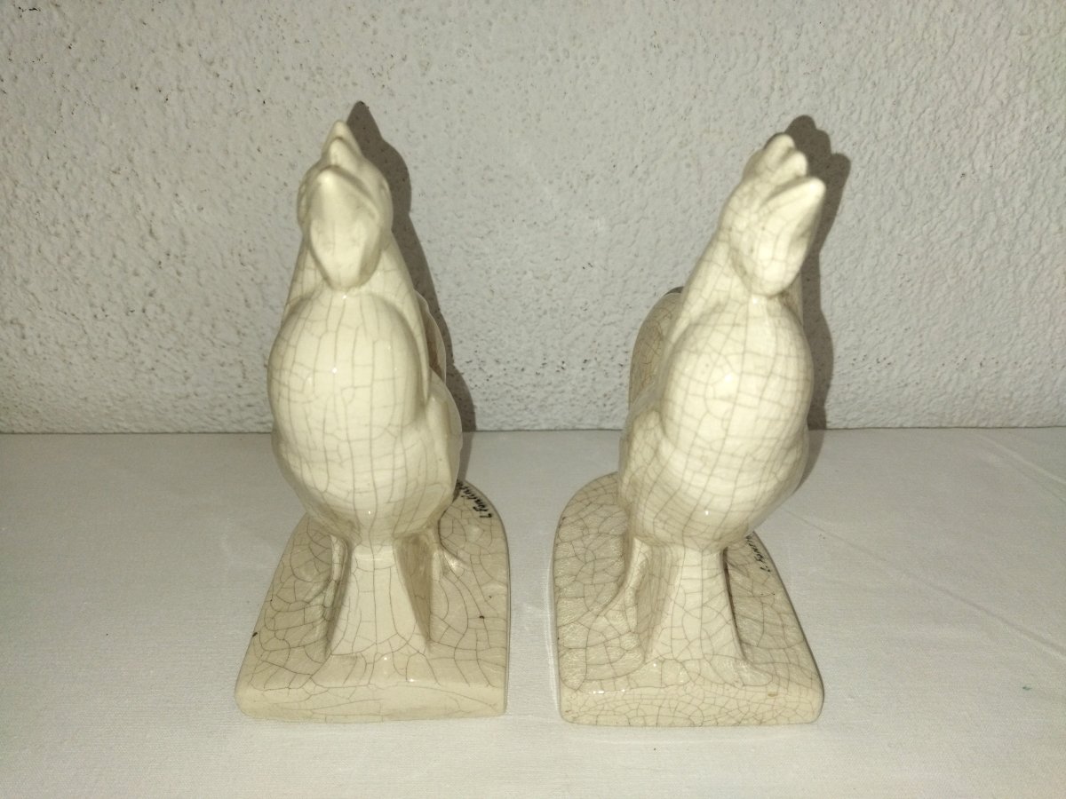 Fontinelle Art Deco Pair Of Cracked Earthenware Bookends "coq"-photo-2