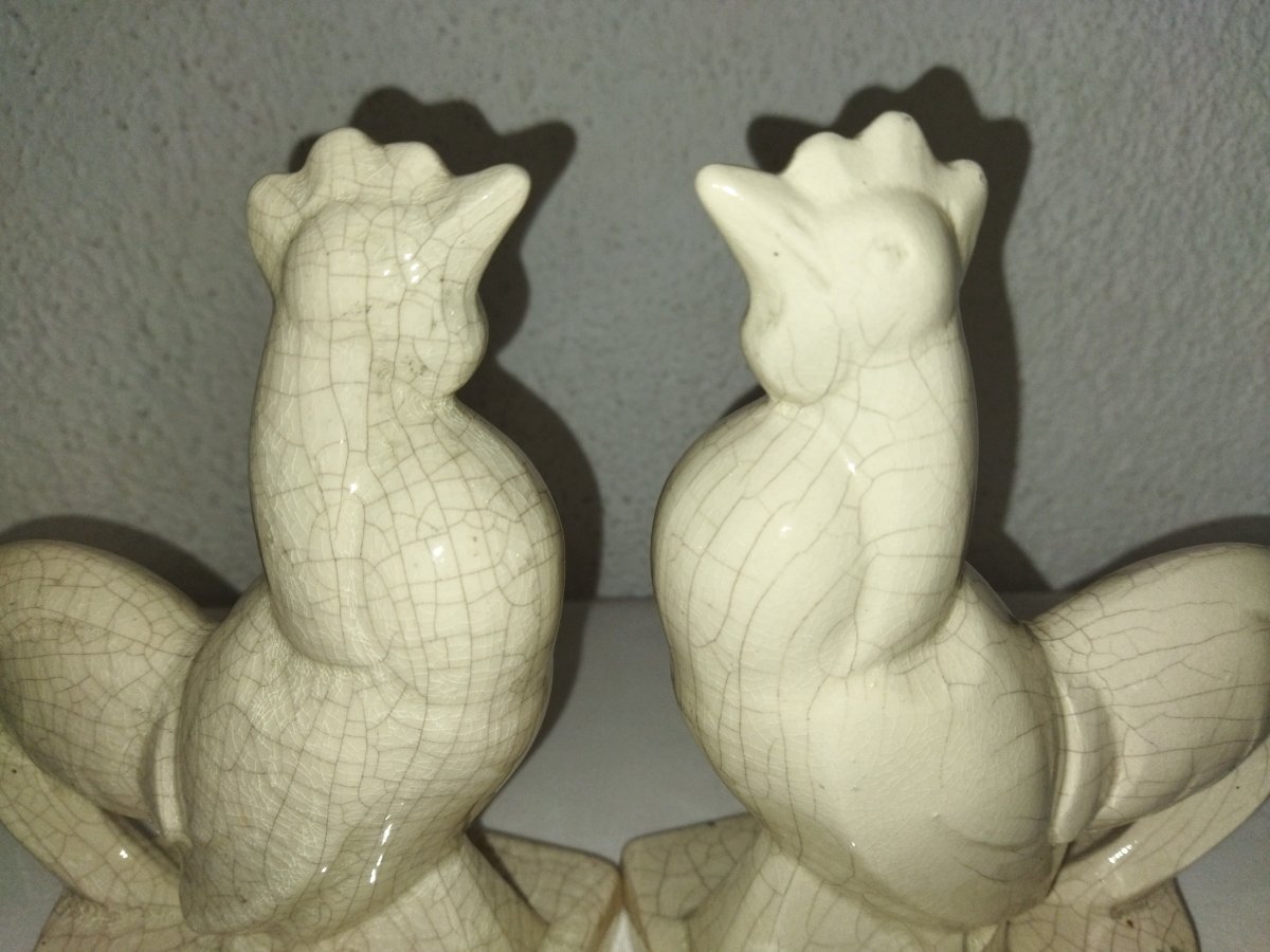 Fontinelle Art Deco Pair Of Cracked Earthenware Bookends "coq"-photo-5