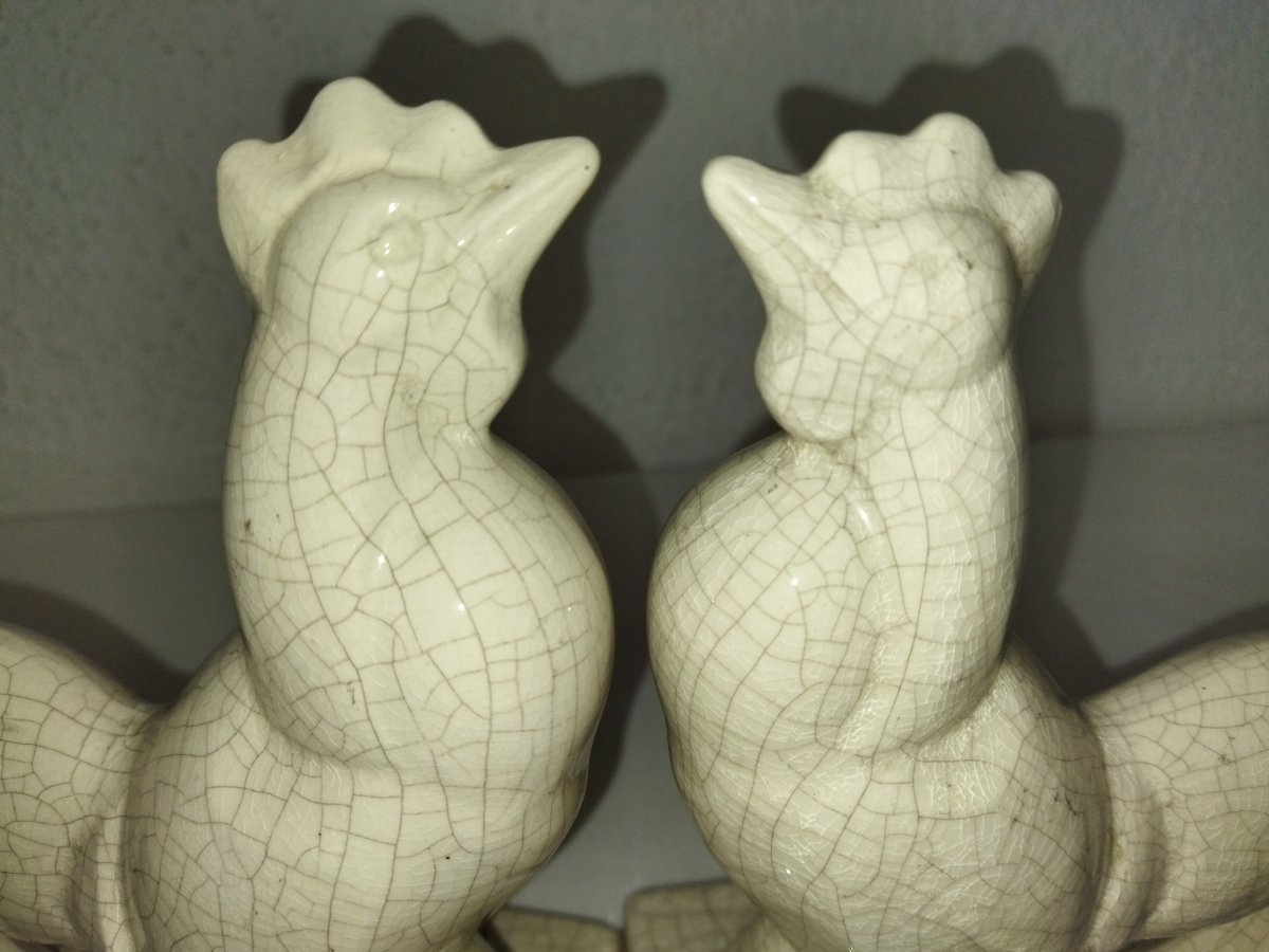 Fontinelle Art Deco Pair Of Cracked Earthenware Bookends "coq"-photo-6
