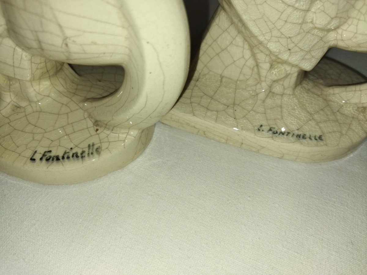 Fontinelle Art Deco Pair Of Cracked Earthenware Bookends "coq"-photo-8