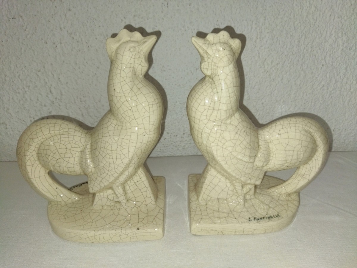 Fontinelle Art Deco Pair Of Cracked Earthenware Bookends "coq"