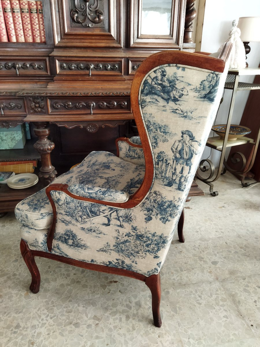  BERGERE à Oreilles Fauteuil ancien Tissu Toile de Jouy Bleue Bon état-photo-4