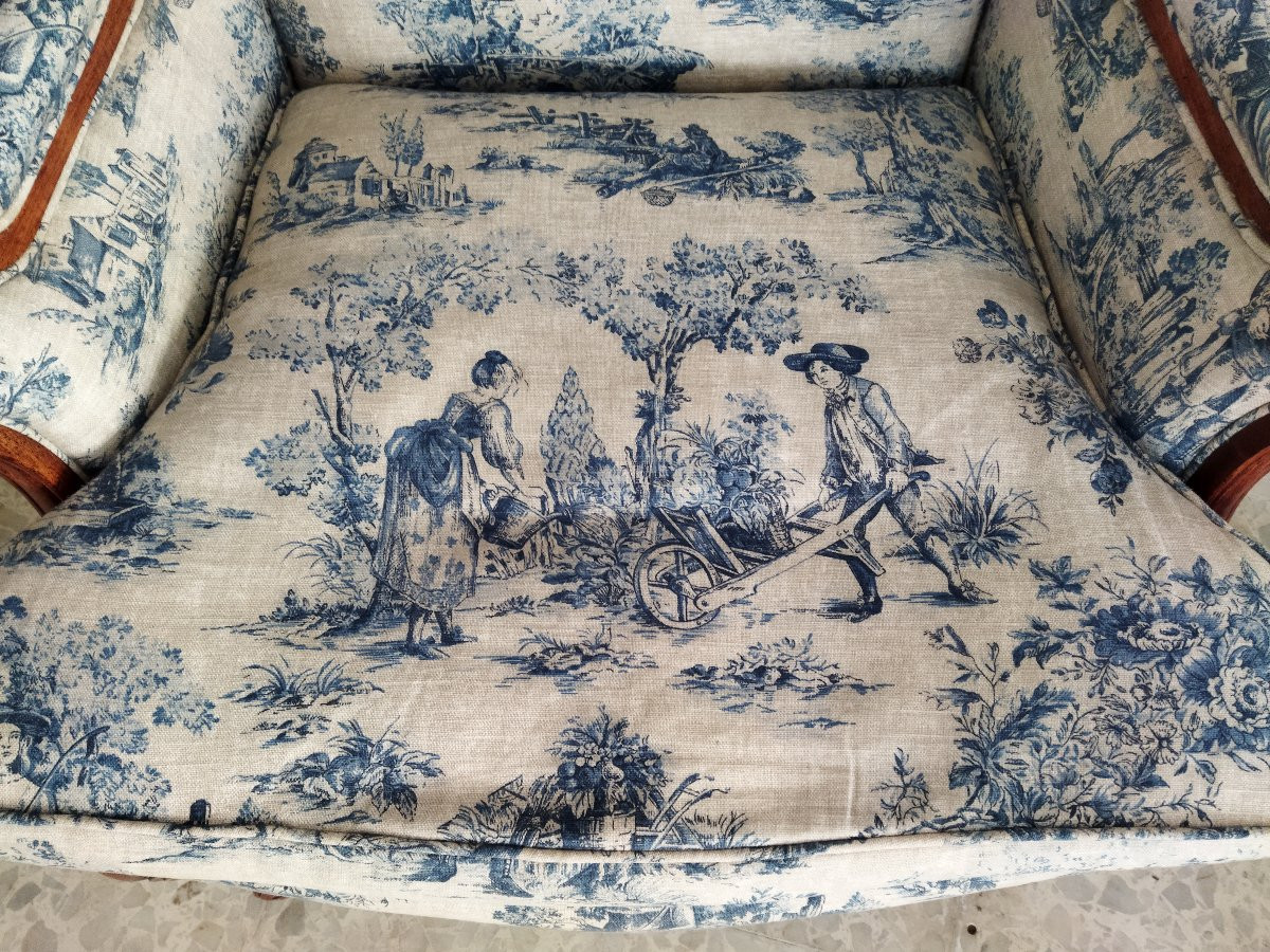  BERGERE à Oreilles Fauteuil ancien Tissu Toile de Jouy Bleue Bon état-photo-1