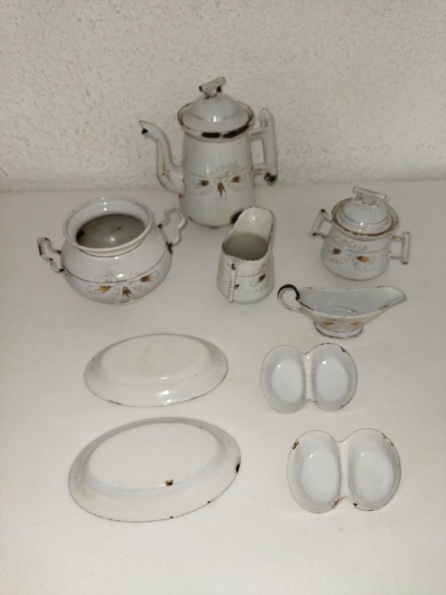 Dinette Antique Enamelled Children's Toy 26 Elements Sugar Bowl Teapot Sauce Boat...-photo-6