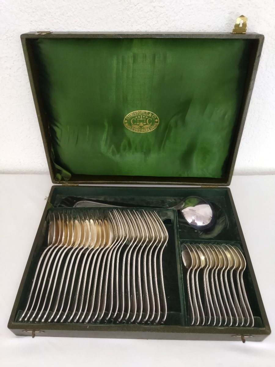 CHRISTOFLE  ART DE LA TABLE Partie de Ménagère Métal argenté Poinçon Modèle "RUBANS" 91 Pièces-photo-1