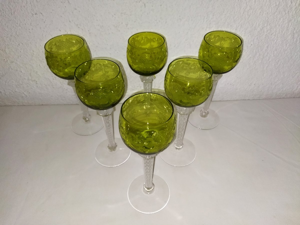 SAINT LOUIS  6 Verres à Pied en Cristal gravé Vert olive ART DE LA TABLE-photo-1
