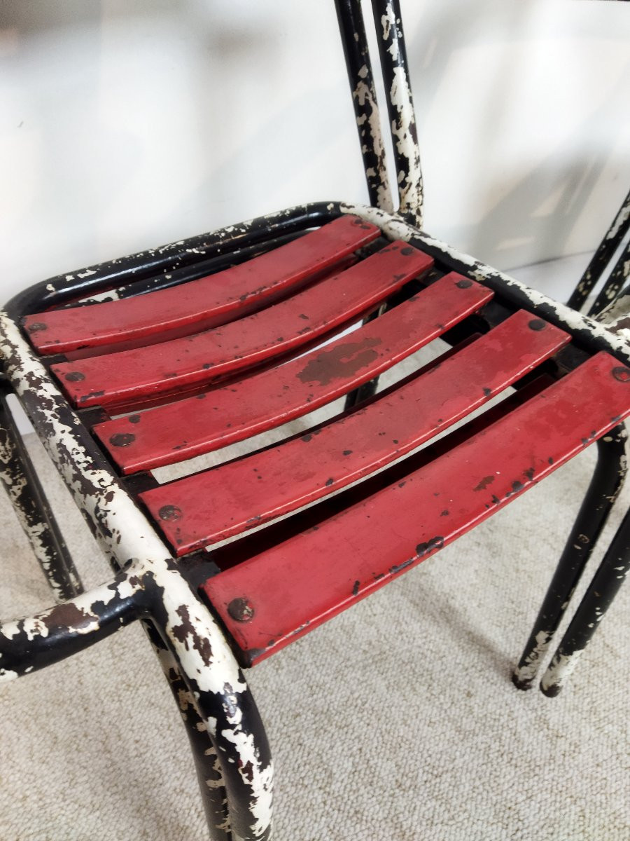 Tolix/pauchard Series Of 4 Tubular Armchairs Metal Seat & Backrest Wooden Armrests -photo-3