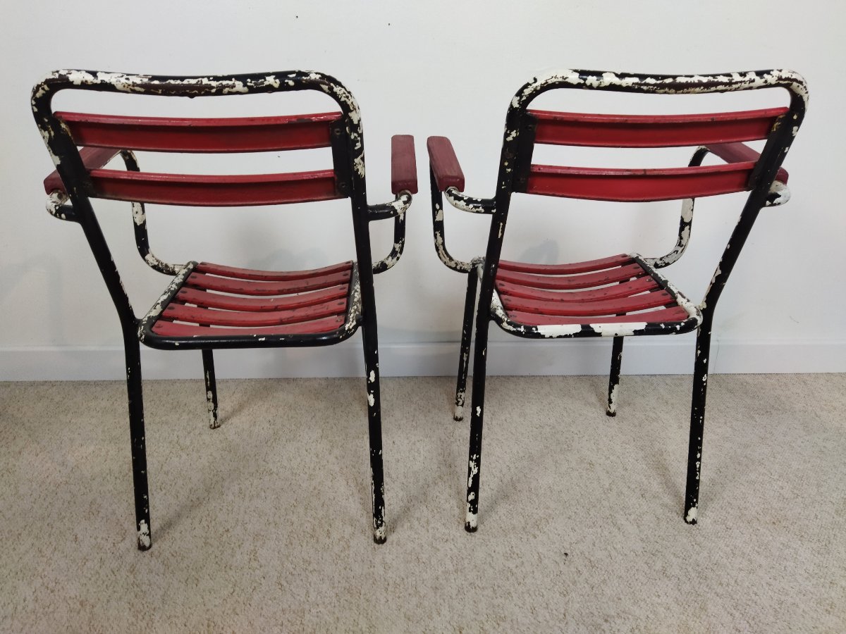 Tolix/pauchard Series Of 4 Tubular Armchairs Metal Seat & Backrest Wooden Armrests -photo-2