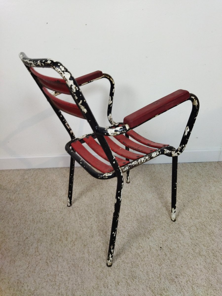 Tolix/pauchard Series Of 4 Tubular Armchairs Metal Seat & Backrest Wooden Armrests -photo-5