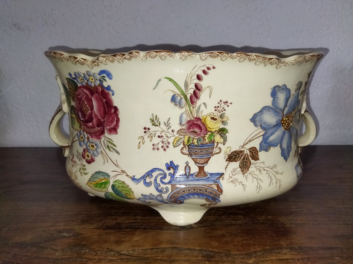 Planter & 2 Planter Pots Earthenware Floral Motifs Late 19th Century-photo-4