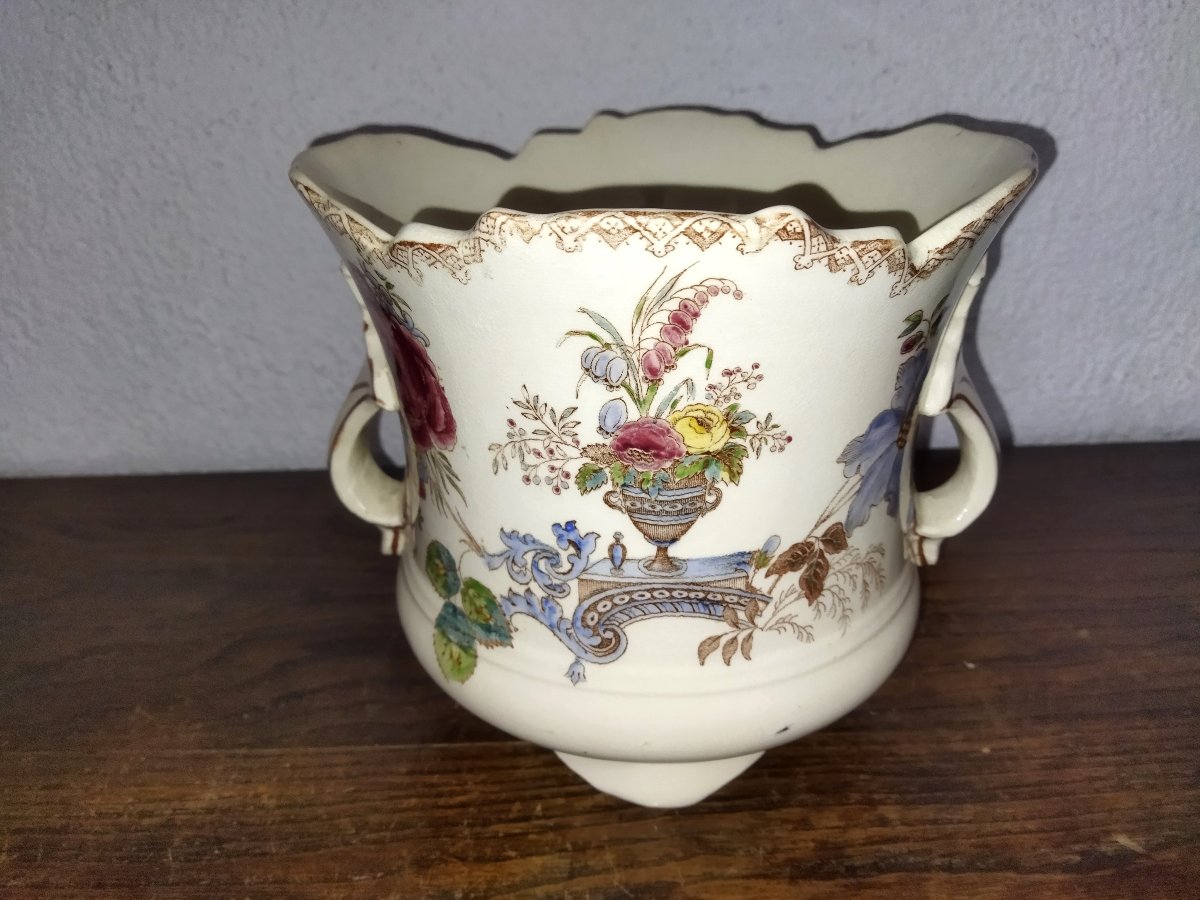 Planter & 2 Planter Pots Earthenware Floral Motifs Late 19th Century-photo-6