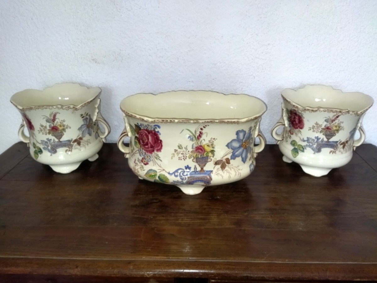 Planter & 2 Planter Pots Earthenware Floral Motifs Late 19th Century