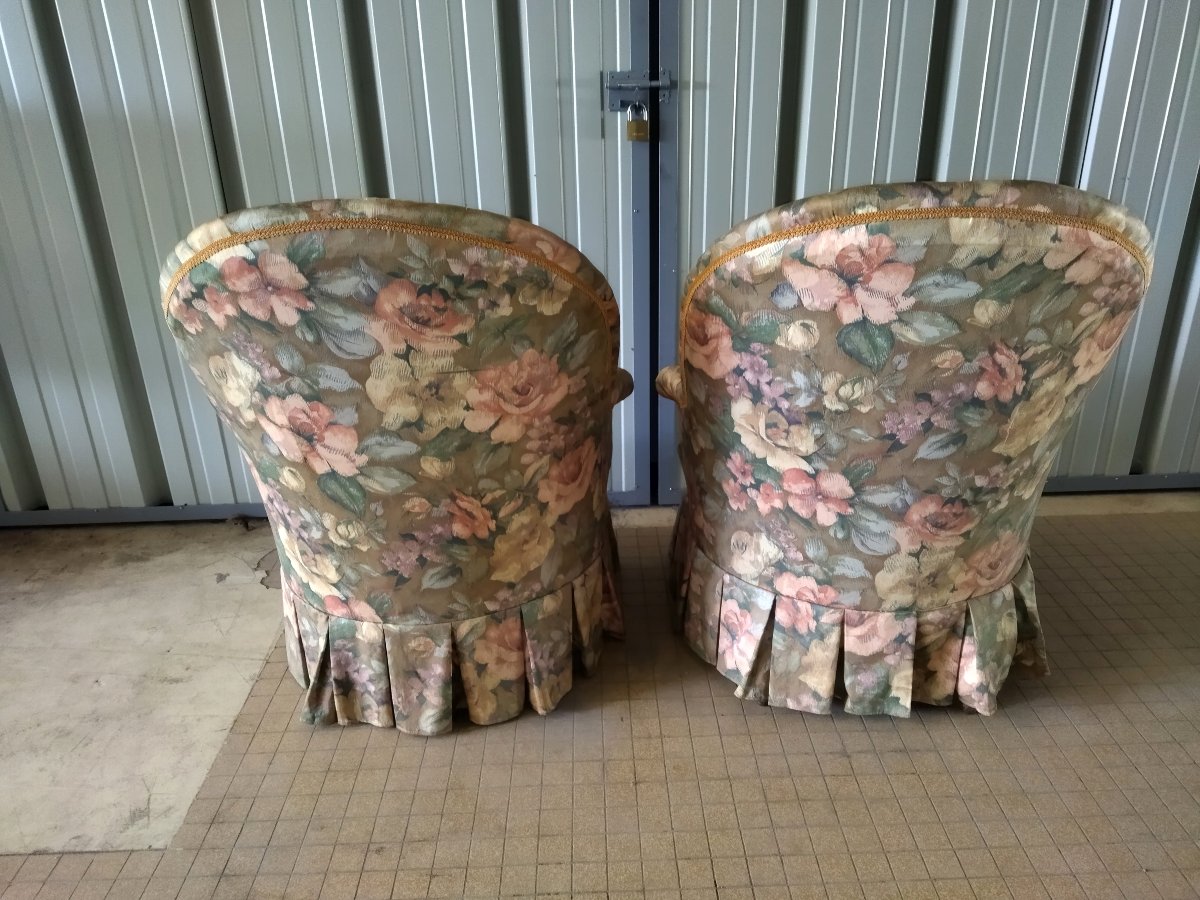 Antique Toad Armchairs Floral Fabric Spring And Strap Seat Napoleon III-photo-3