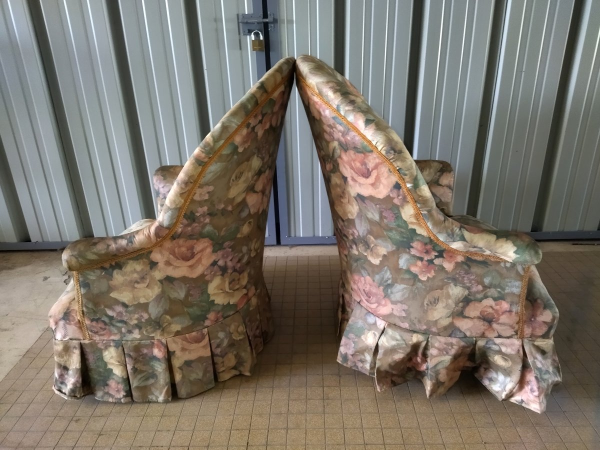 Antique Toad Armchairs Floral Fabric Spring And Strap Seat Napoleon III-photo-4