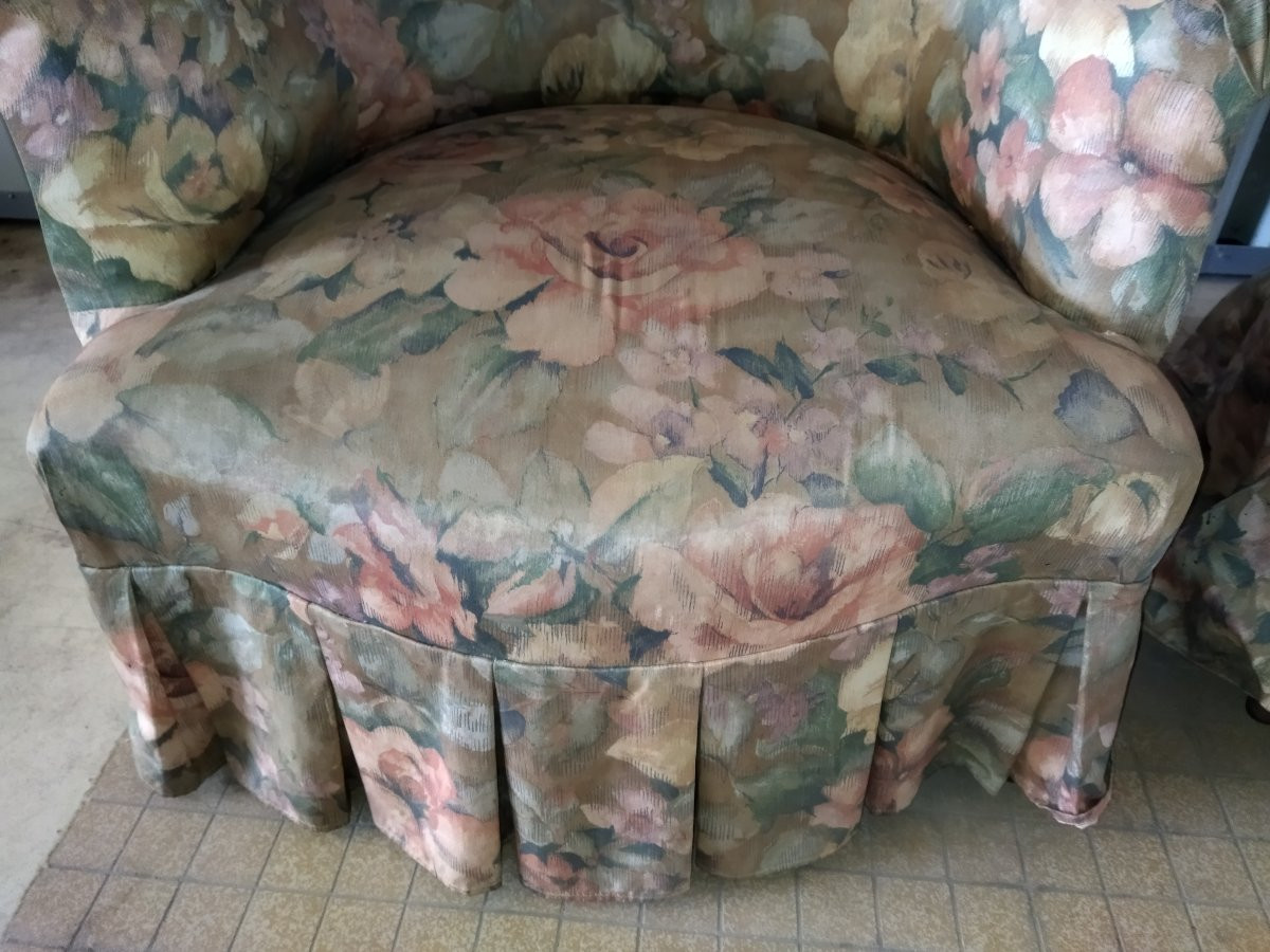 Antique Toad Armchairs Floral Fabric Spring And Strap Seat Napoleon III-photo-5