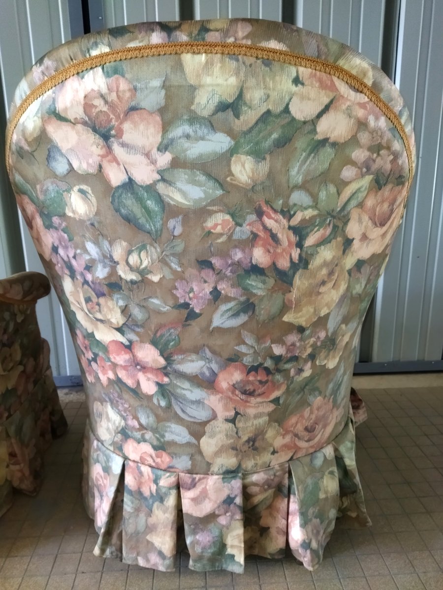 Antique Toad Armchairs Floral Fabric Spring And Strap Seat Napoleon III-photo-7