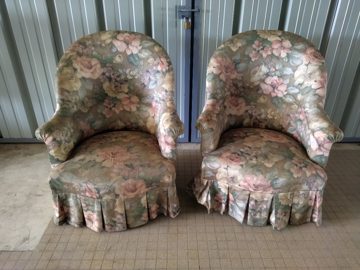 Antique Toad Armchairs Floral Fabric Spring And Strap Seat Napoleon III