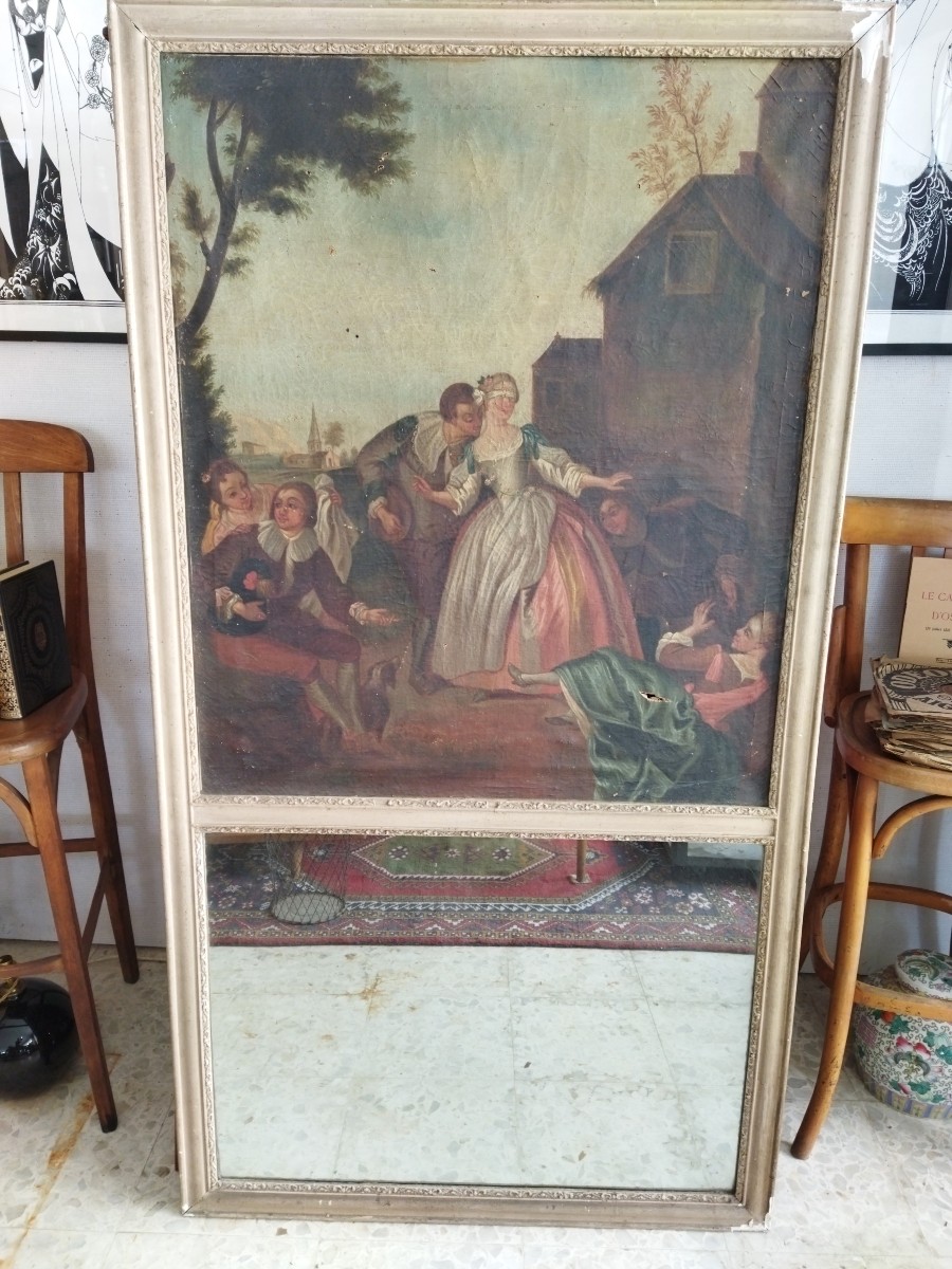 Antique Trumeau Painting Colin Maillard 19th Century