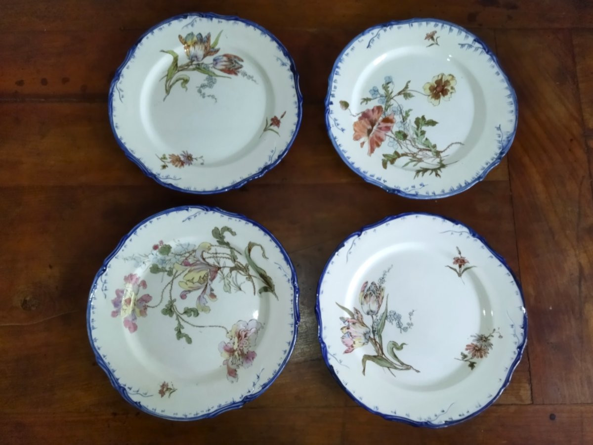 CREIL & MONTEREAU  TERRE DE FER Série De 10  Assiettes En Faience Ancienne Motifs Floraux OLGA-photo-3