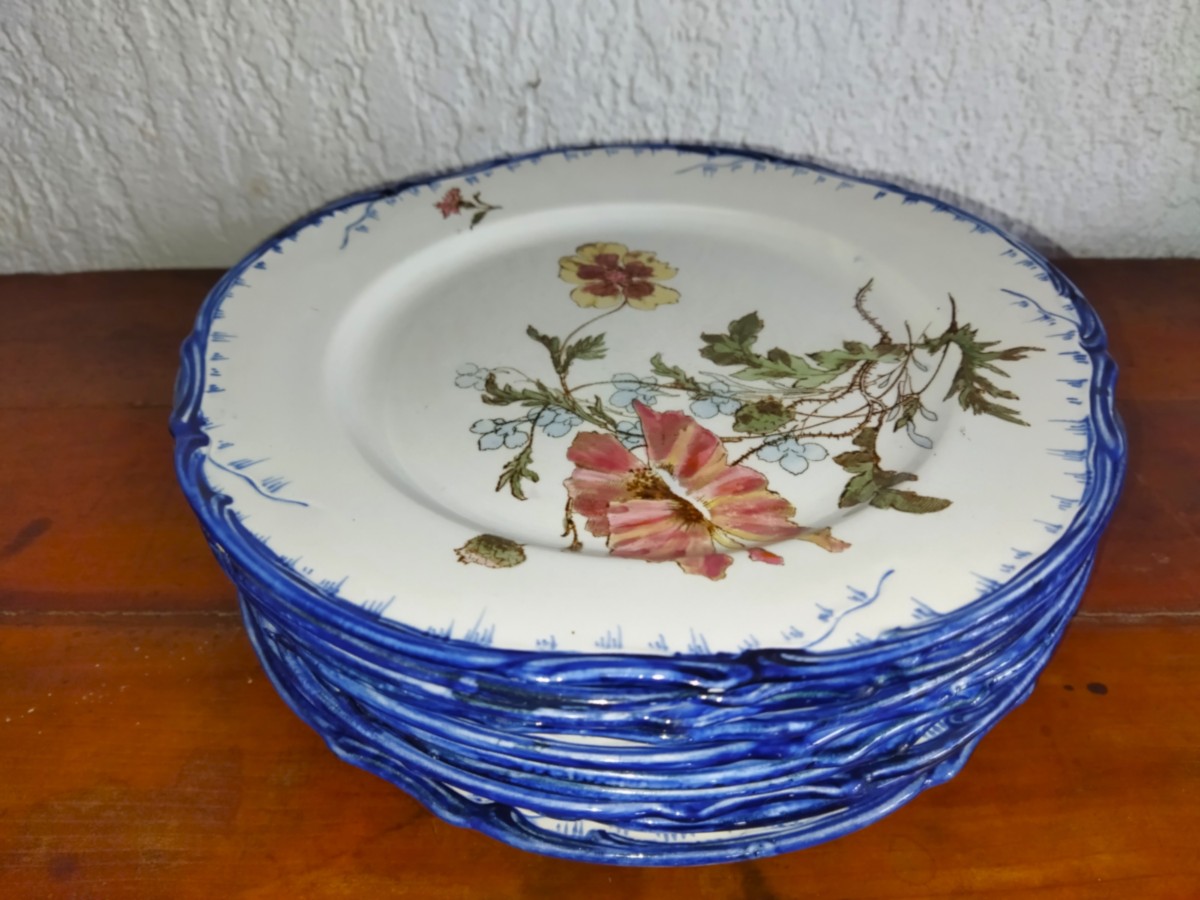 CREIL & MONTEREAU  TERRE DE FER Série De 10  Assiettes En Faience Ancienne Motifs Floraux OLGA