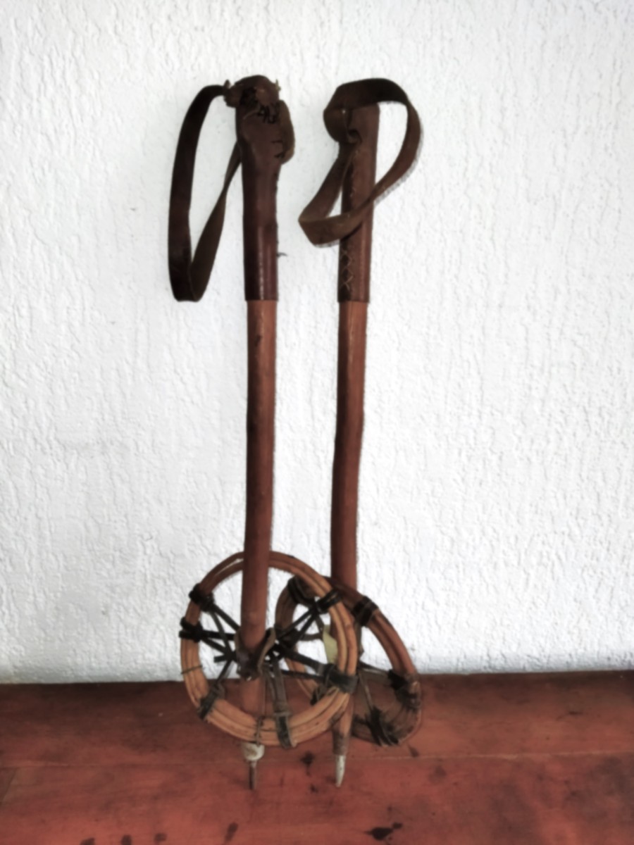 Pair Of Antique Ski Poles For Children Wood And Leather Folk Art Collection