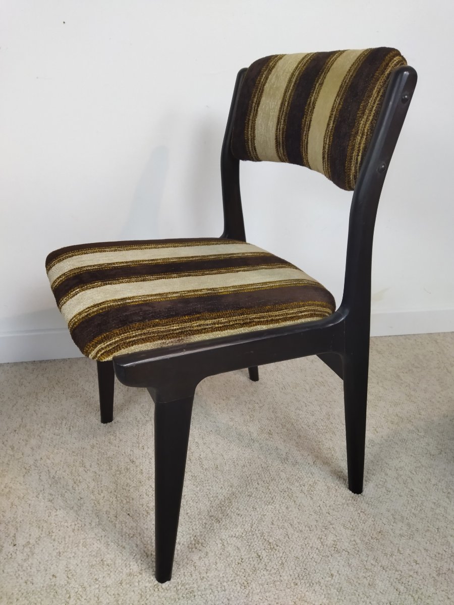 6 Wooden And Striped Fabric Chairs Vintage Furniture Contemporary Design 1970s-photo-4