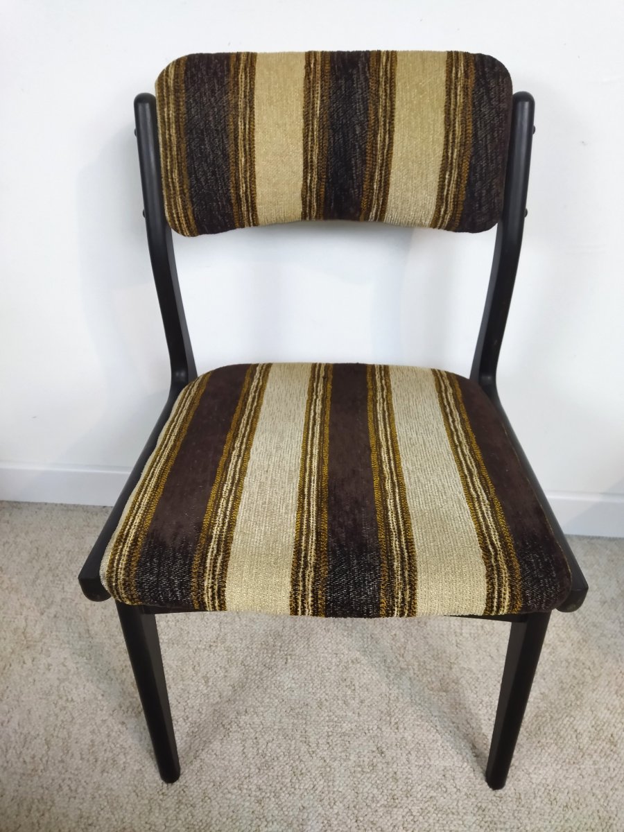 6 Wooden And Striped Fabric Chairs Vintage Furniture Contemporary Design 1970s-photo-3