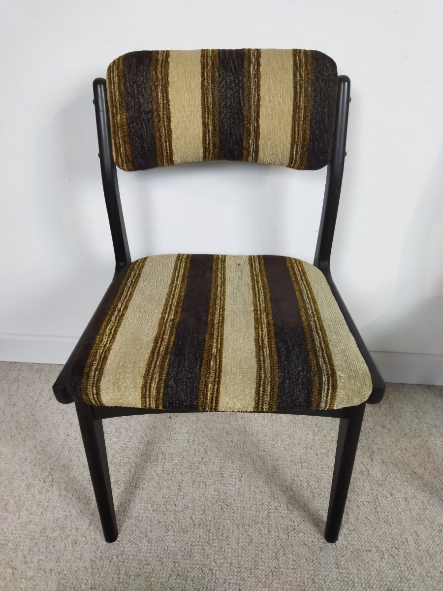 6 Wooden And Striped Fabric Chairs Vintage Furniture Contemporary Design 1970s-photo-4