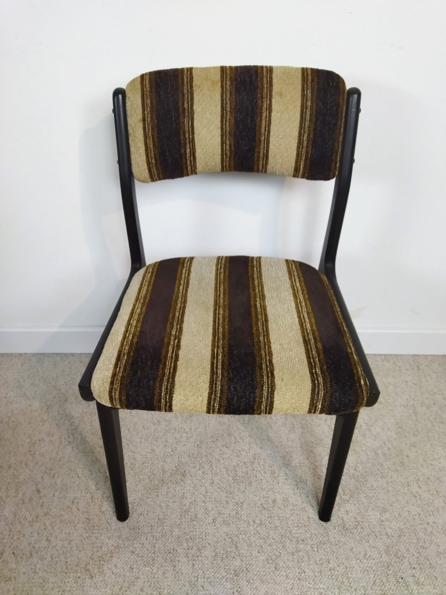 6 Wooden And Striped Fabric Chairs Vintage Furniture Contemporary Design 1970s-photo-5