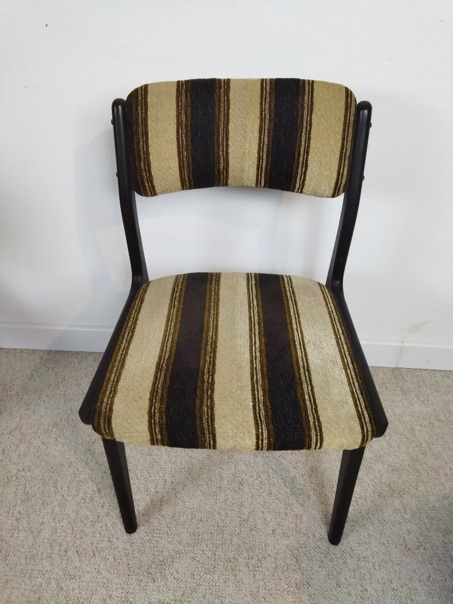 6 Wooden And Striped Fabric Chairs Vintage Furniture Contemporary Design 1970s-photo-6