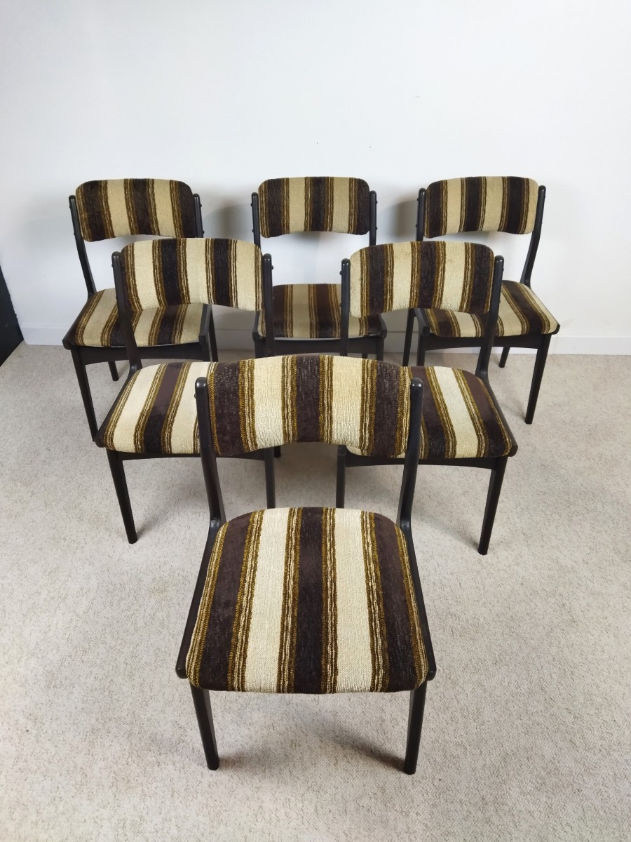 6 Wooden And Striped Fabric Chairs Vintage Furniture Contemporary Design 1970s