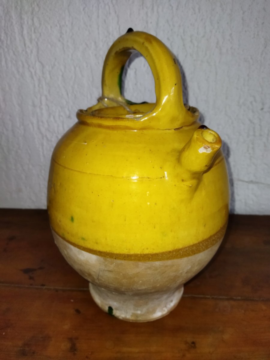 Antique Water Jug Terracotta Glazed Orange Yellow Green Dripping Pottery Collection-photo-3