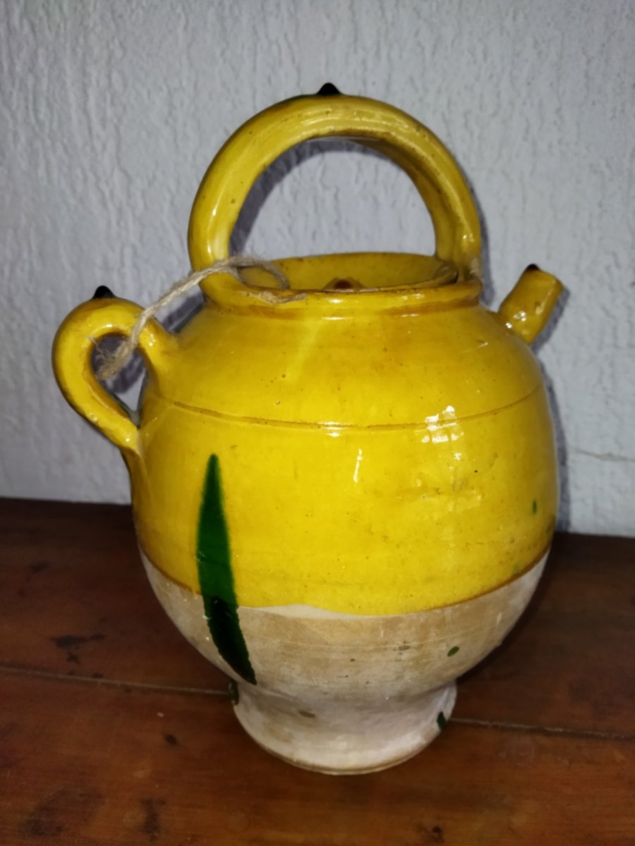 Antique Water Jug Terracotta Glazed Orange Yellow Green Dripping Pottery Collection-photo-4