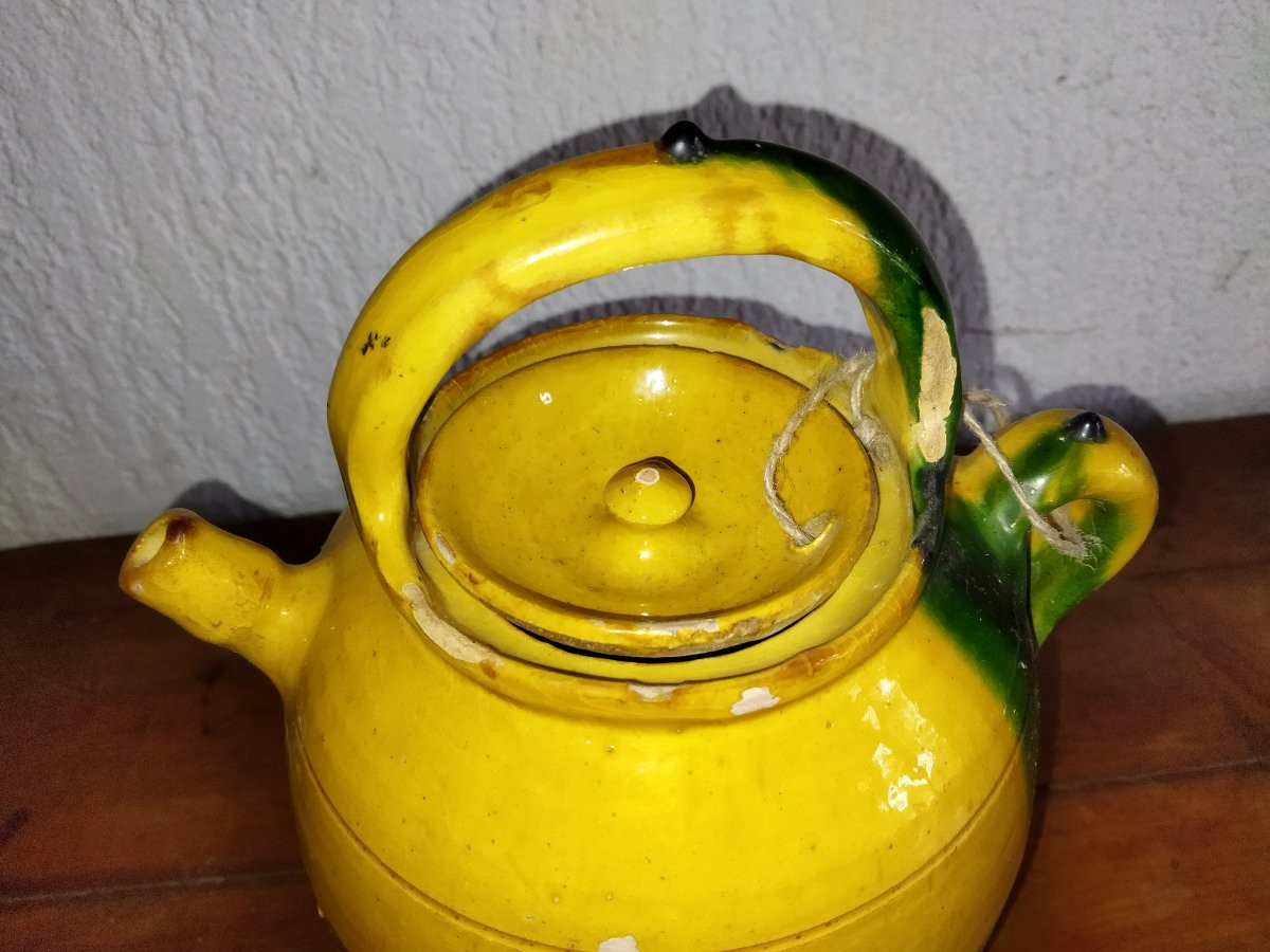 Antique Water Jug Terracotta Glazed Orange Yellow Green Dripping Pottery Collection-photo-5