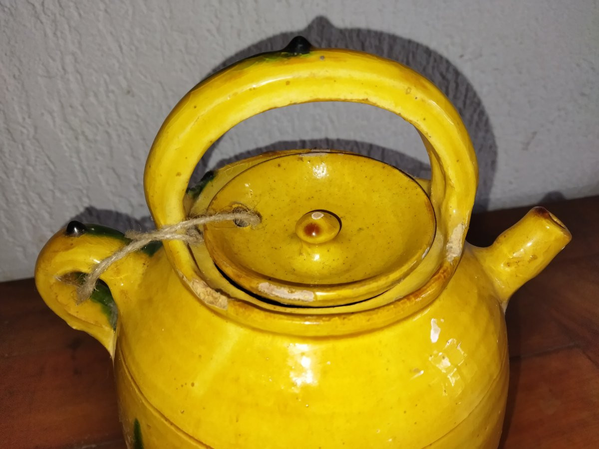Antique Water Jug Terracotta Glazed Orange Yellow Green Dripping Pottery Collection-photo-6