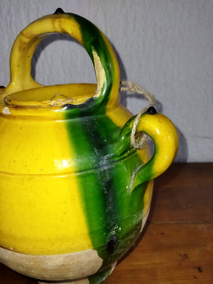 Antique Water Jug Terracotta Glazed Orange Yellow Green Dripping Pottery Collection-photo-8