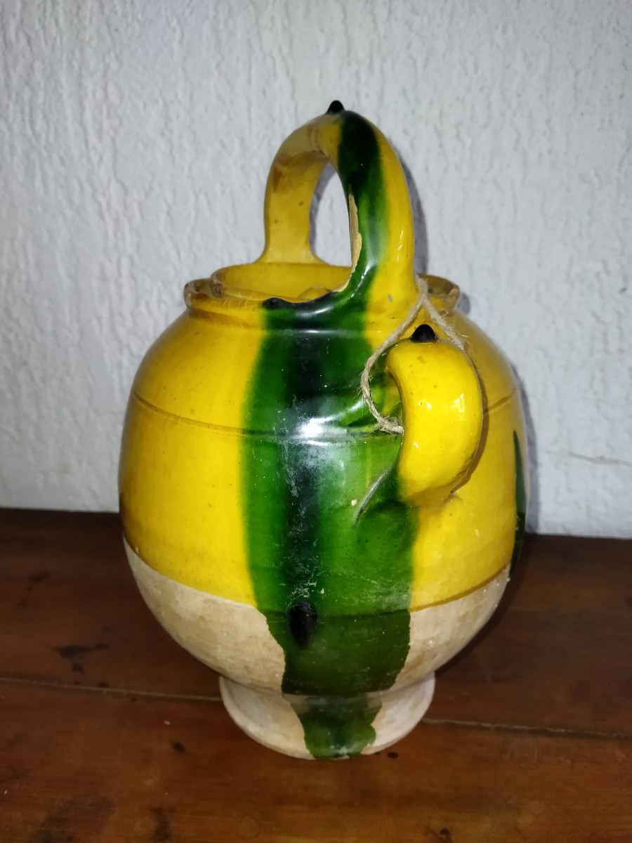 Antique Water Jug Terracotta Glazed Orange Yellow Green Dripping Pottery Collection