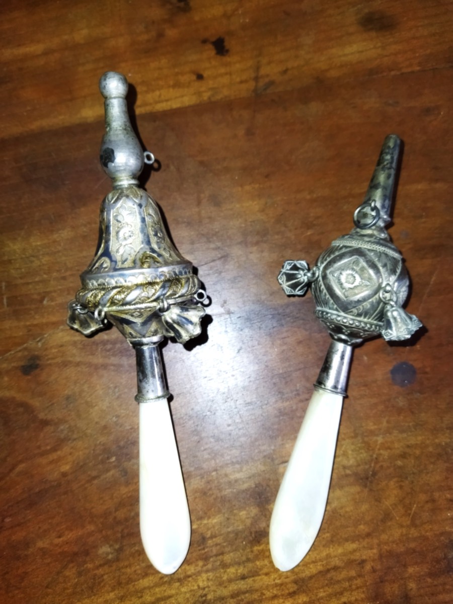 Duo Whistling Rattles Silver & Vermeil Mother-of-pearl Handle Display Objects Collection