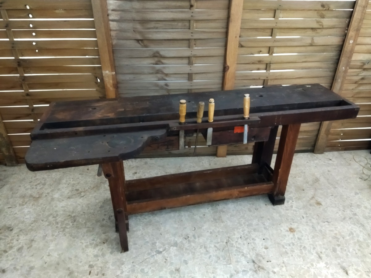 Antique Workbench Solid Wood Carpenter Cabinetmaker Decor Console Loft Workshop