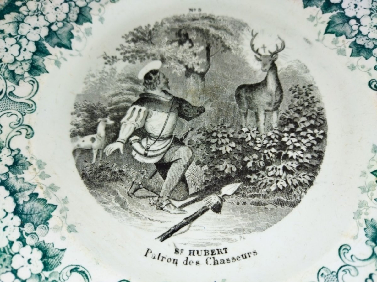 CREIL & MONTEREAU Assiette Légendée "SAINT HUBERT" Patron des Chasseurs Collection XIX-photo-2