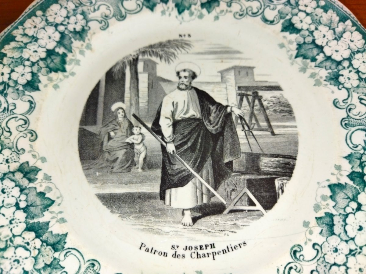 CREIL & MONTEREAU Assiette Légendée "SAINT JOSEPH" Patron des Charpentiers Collection XIX-photo-2